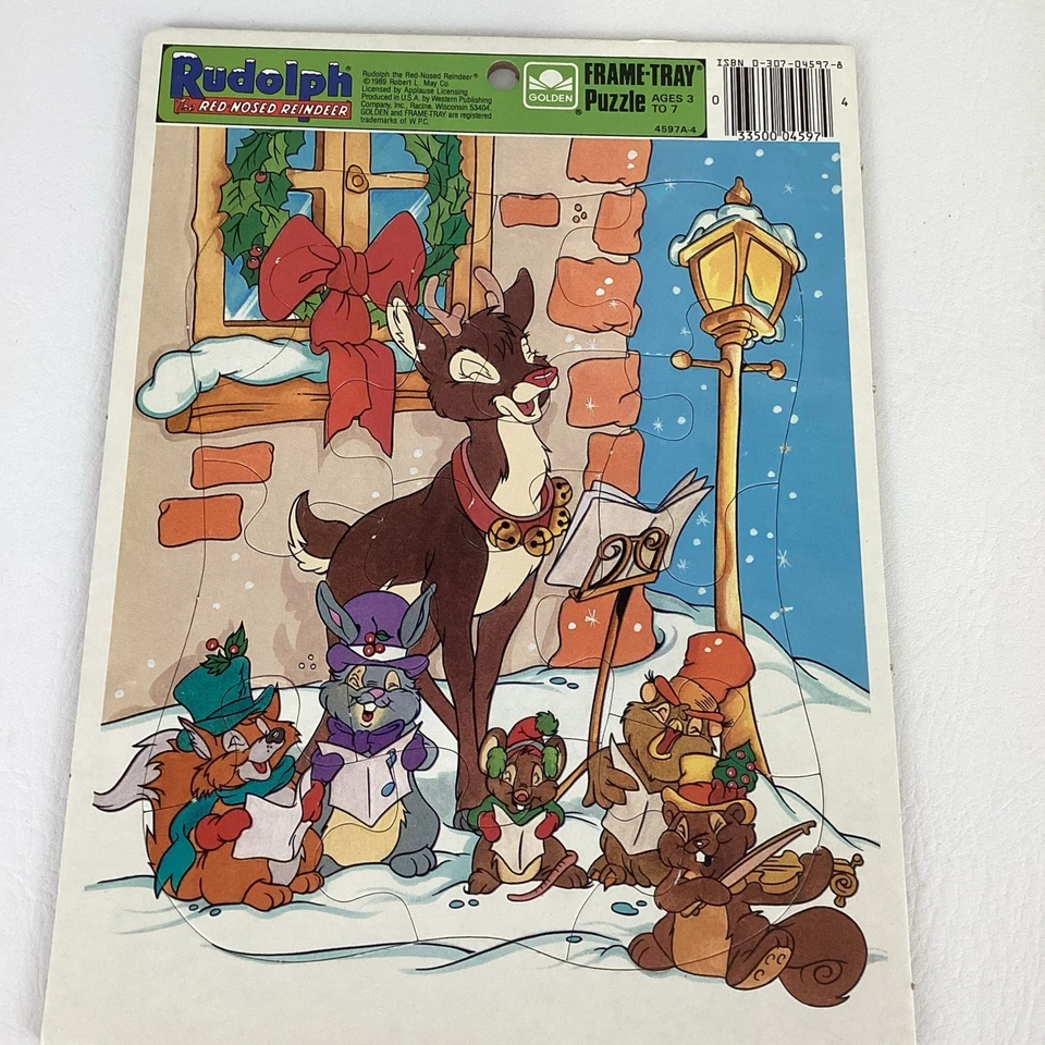 Golden Rudolph Red Nosed Reindeer Santa Merry Ride Tray Puzzles Vintage 80s  - Image 2 of 4