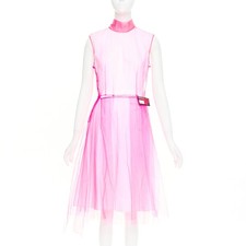 PRADA 2018 Runway Neon Technical  Tulle Abito pink rubber logo dress IT38 XS
