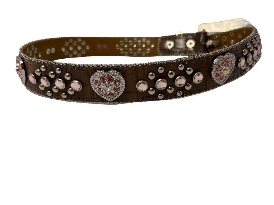 "Cinturón de cuero marrón estilo occidental ~ hebilla en tono plateado con corazones rosas talla 31""" Foto 2 de 4