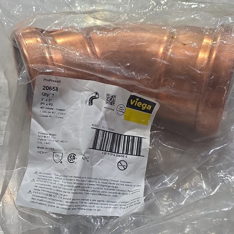 Viega ProPress Copper 45° Elbow 3 in x 3 in Press Fitting MPN 20658