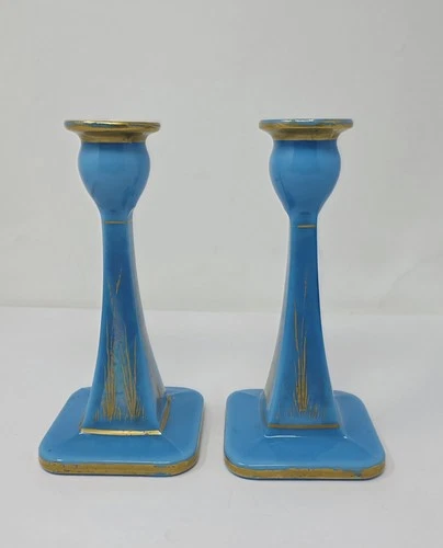 2 Vintage Blue Milk Glass Candlestick Holders With Handpainted Gold Designs