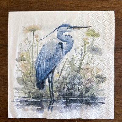 (2) Two Single Cocktail Napkins for Decoupage Or Crafts Blue Heron On Floral