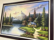 LG 41x30 Painting Framed Oil On Canvas log Cabin Mountains Lake  W. Jenkins art 