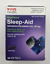 Nighttime Sleep Aid Diphenhydramine HCI 25 MG Softgels, 48 ct exp. 02/25