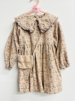 TOTO HEROS Girl s Floral Long Sleeve Dress With Ruffle Collar Pocket Bag 120(5T)