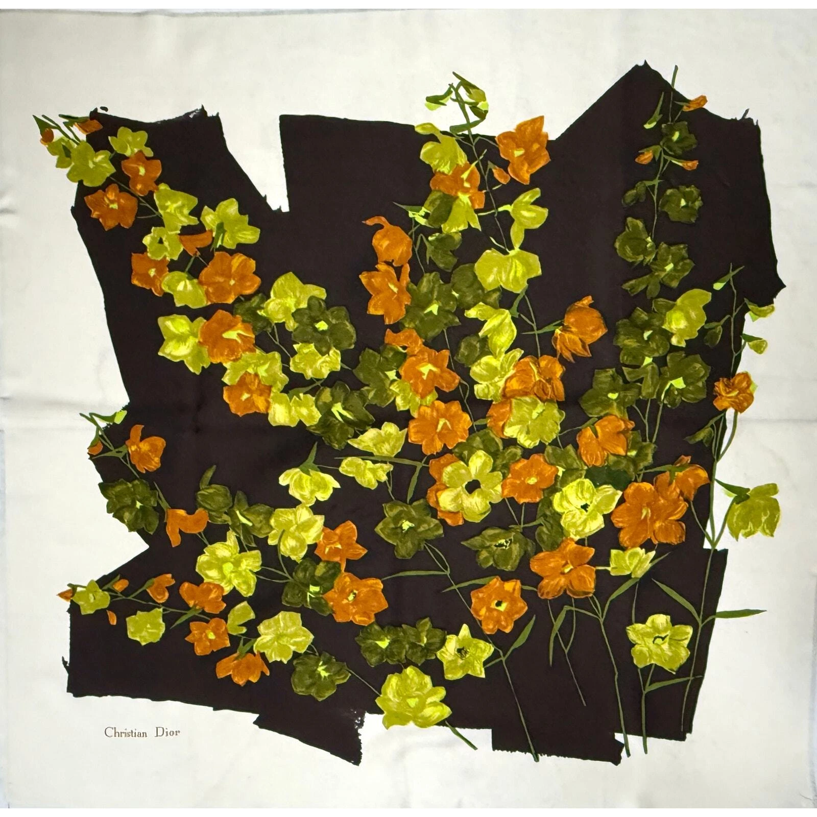 GRAND foulard vintage en soie Christian Dior années 50 orange marron vert fleuri écharpe 32