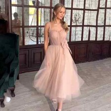 Elegant Pink Evening Dresses Spaghetti Strap Backless Knee Length Party Gowns