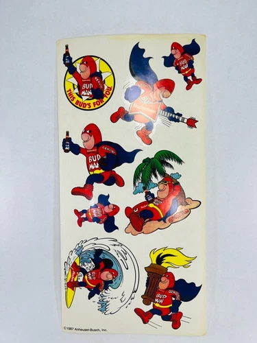 Vintage 1987 Bud Man Decal Sticker Sheet Anheuser-Busch Budweiser  Beer