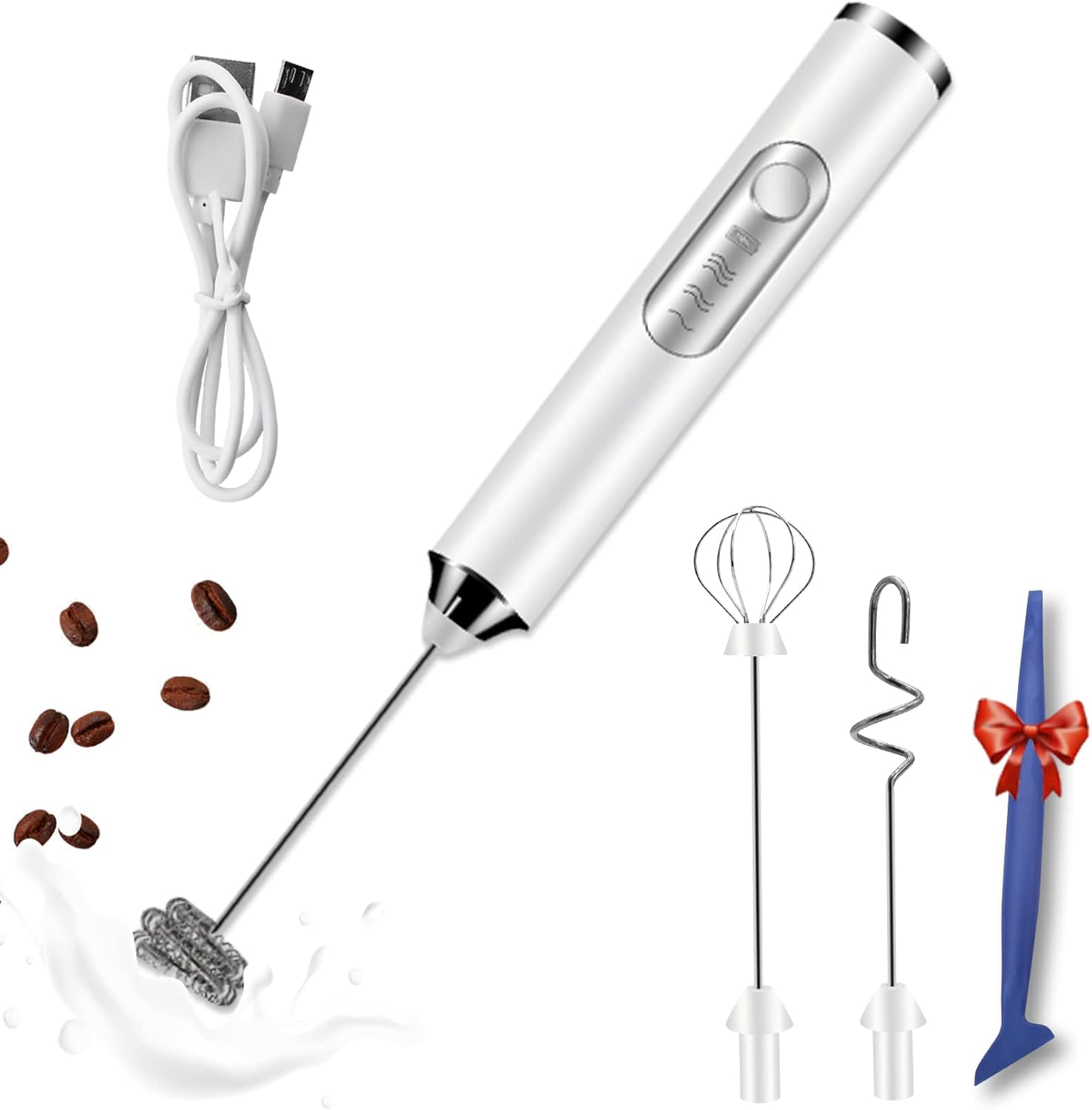 Coffee & Milk Frother Handheld Rechargeable with 3 Heads,Electric Whisk Drink Fo
