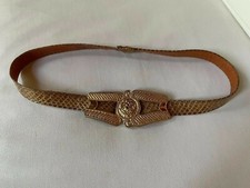 Vintage Alexis Kirk Brown Snake Skin 1" Belt 2 Bold Gold Interlocking Buckles