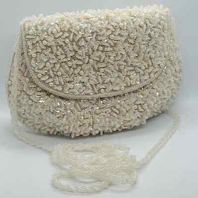 Carlo Fellini Evening White Purse Bag Small Iridescent Beaded Vintage