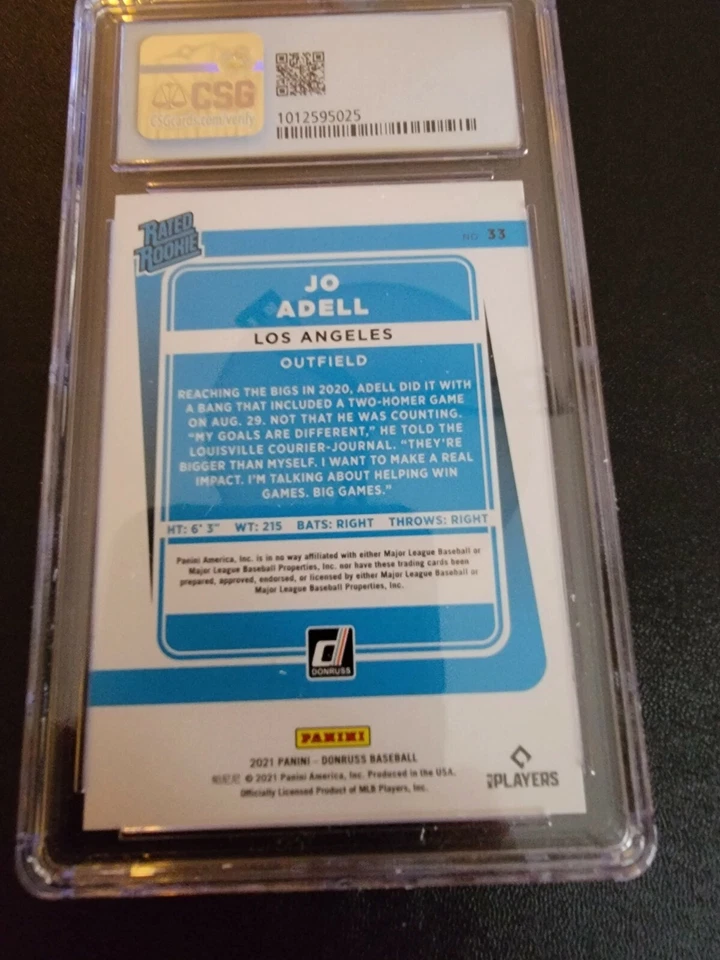 2021 Panini Donruss Rated Rookie Jo Adell #33 Purple CSG 9.5 GEM MINT RC Rookie - Image 2 of 2