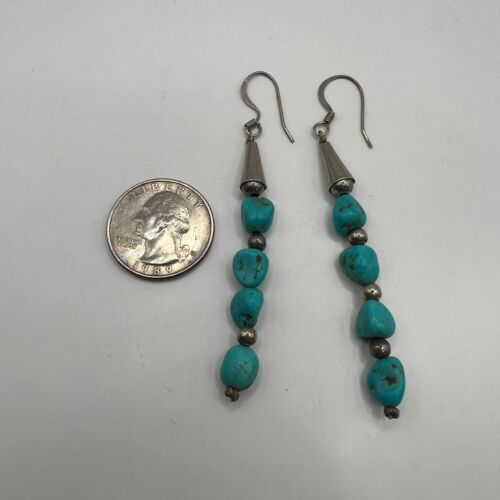 Vintage Turquoise Dangle Earrings Silver Tone Beads Wire Drop - Picture 4 of 7