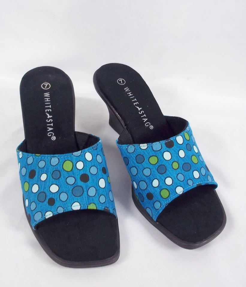 Sandalia de cuña baja deslizable ciervo blanco REBECCA azul lunares nueva en caja talla 7 Foto 3 de 4