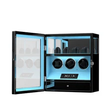 Fingerprint Automatic 3 Watch Winder+4 Watch Storage LCD Remote Control LED Blue