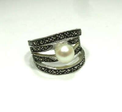 VINTAGE PERLE MIT MARKACIT STEINEN COCTAIL 925 STERLINGSILBER RINGGRÖSSE 7,5.