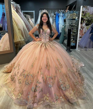 Pink Quinceanera Dresses Golden Lace Appliques Off Shoulder Prom Ball Gown