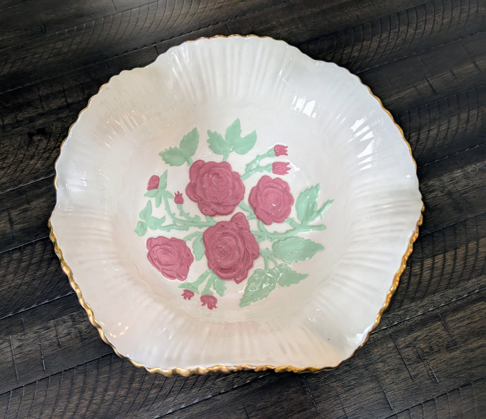 Vg Hand Made & Painted Ceramic Footed Candy Dish Roses White Pink Green 10"