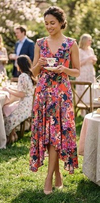 Cupio Women's Sleeveless Dress V-Neck Floral Asymmetric Bohemian Style Size L