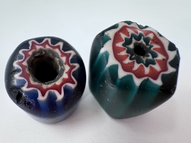 Pair Antique Venetian Chevron Rosetta Glass Trade Beads Blue Green Large African