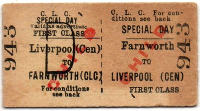 Cheshire Lines (CLC) Eisenbahnticket Farnworth nach Liverpool (Cen) - First