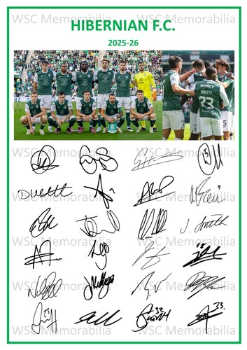 11945. Hibernian FC Signed Team Sheets (A4 Prints) CHOOSE A SEASON 2015-26