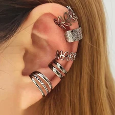 10pcs Minimalist Hollow Leaf C-shaped Silver Non-piercing Ear Bone Clips Hip Hop