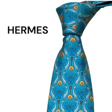 USED Tie HERMES Silk tie fish pattern blue shell pattern large sword width 9cm