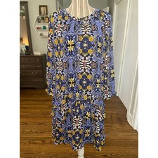 Loft navy floral long sleeve dropped waist dress with ruffled tiers