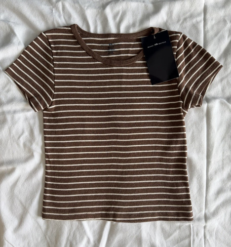 Brandy Melville Brown & White Striped Cotton Knit Crewneck Tee One Size