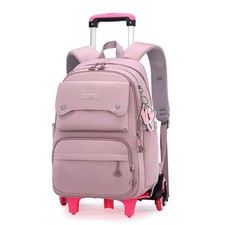 Solid Color Girls Rolling Backpack Wheels Elementary School Trolley Daypack