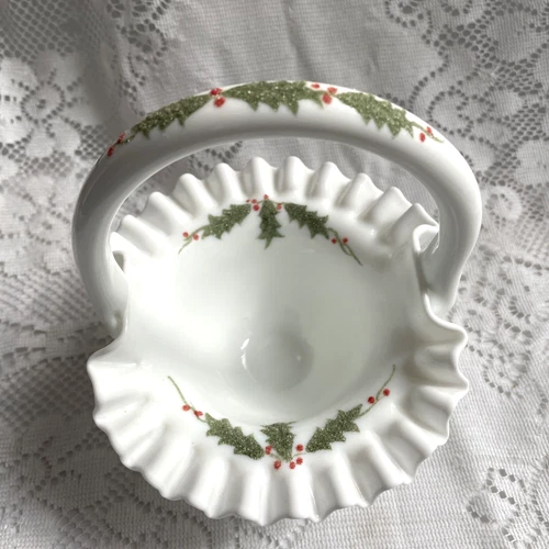FENTON MILK GLASS HOBNAIL CHRISTMAS HOLLY BASKET SIGNED/HANDPAINTED