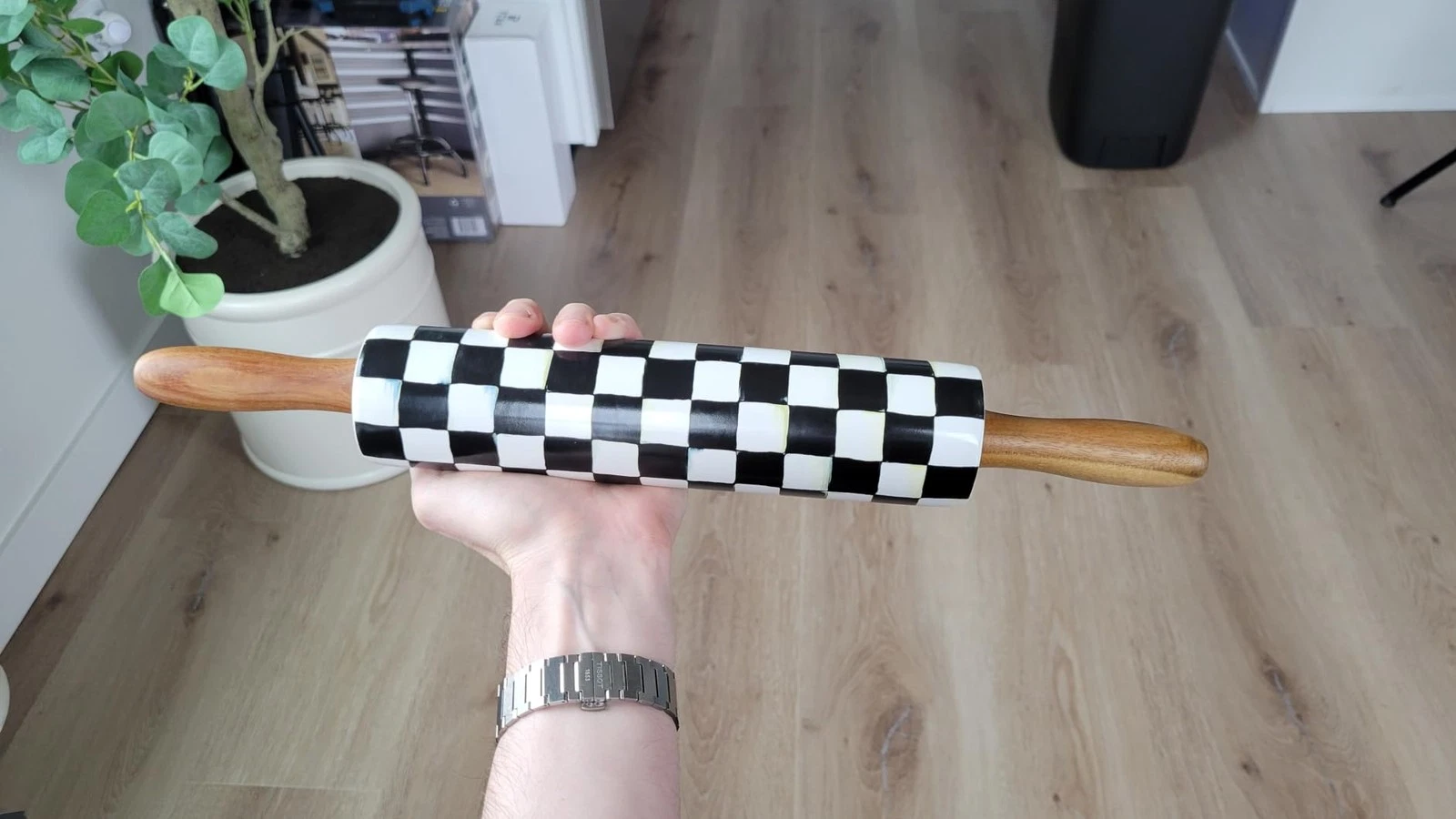 MACKENZIE CHILDS Rolling Pin Black & White Courtly Check Decorative Baking
