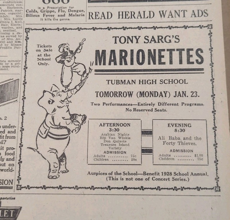 JAN 21 & 22, 1928 NEWSPAPER PG #2230- TONY SARG MARIONETTES LIVE IN AUGUSTA- 2PG