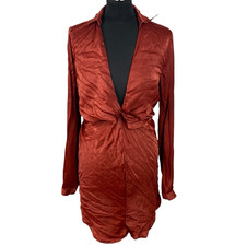 Pretty Little Thing Satin Mini Dress Women's UK Size 12 Belted Long Sleeve Red