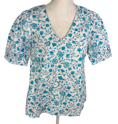Draper James Women's M V-Neck Puff Sleeve Blouse Top Blue Floral NWT 9266