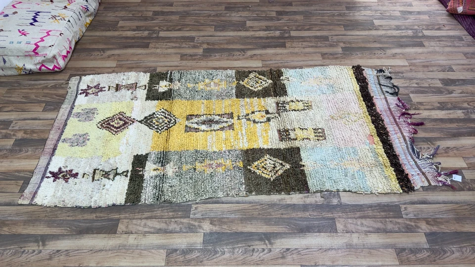 Handmade Moroccan Berber Rug Vintage Yellow Wool Carpet | Tribal Geometric Area - Image 4 of 4