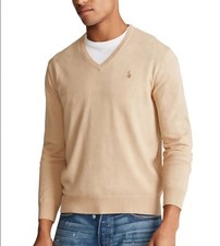 Vintage Y2k Polo Ralph Lauren V Neck Pima Cotton Pony Sweater Khaki Preppy M