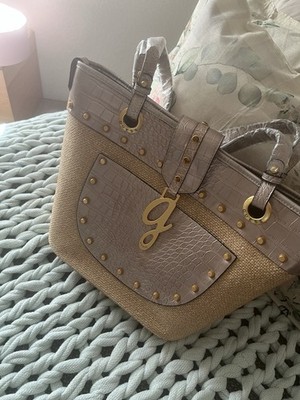 Gorgeous Guess Tote Woven Faux Straw w/ Bronze Croc Embossed Rhinestones/studs