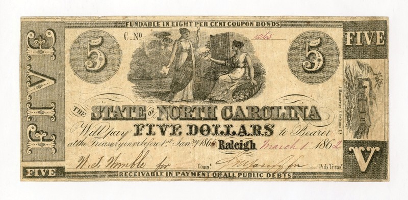 1862 Cr.86 $5 The State of NORTH CAROLINA Note - CIVIL WAR Era