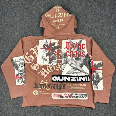 Gunzinii Denim Co Brown Deconstructed Patch Hoodie Warrior Knight Divine Chaos M