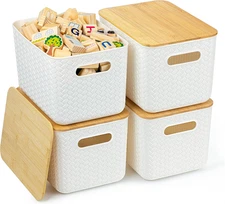 4 Packs Storage Bins with Bamboo Lids - Plastic Storage Containers with Lids Sta