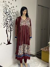 Pakistani Long Net Dress Maroon Embroidered Party Wear Women