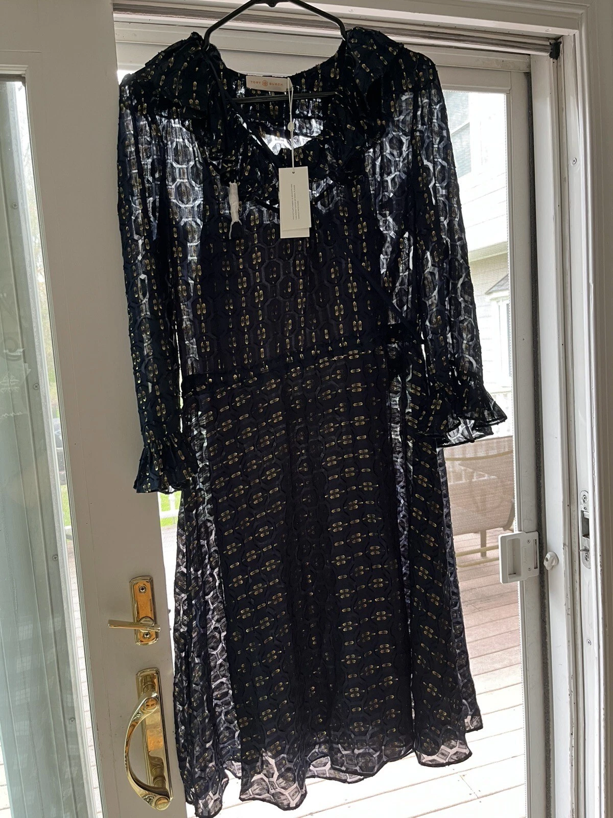 ABITO NUOVO SENZA ETICHETTE TORY BURCH GELSOMINO MISTO SETA VOLANT RIGHE METALLIZZATE BLU NAVY tg 0 $498