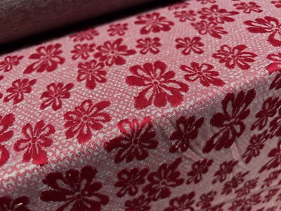 Double Jersey Strickstoff, Meterware - floraler Jacquard - rot & grau meliert