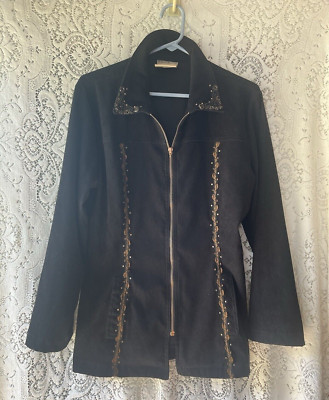 Monique Sport Jacket Womens Small Black Full Zip Embroidery Beaded Vtg USA Made