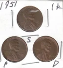 1951-D+P+S Circulated Business Strike Copper One Cent Coins!