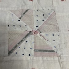 Vintage Hand Quilted Doll Quilt Table Topper 21  x17  Cream Pink Tied Pink Yarn