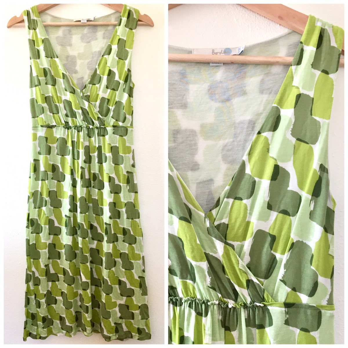 Boden Green Sleeveless Empire Waist Dress V-Neck Size US 4 R Abstract  Patterned
