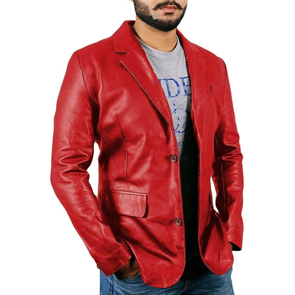 Men's Blazer Genuine Lambskin Leather Two Button Red Jacket Coat Blazer